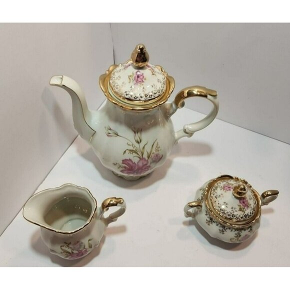 Vtg Mitterteich Bavaria Tea Set 1930's - 1940's Pink Floral w/ Gold Details Trim - Picture 2 of 16